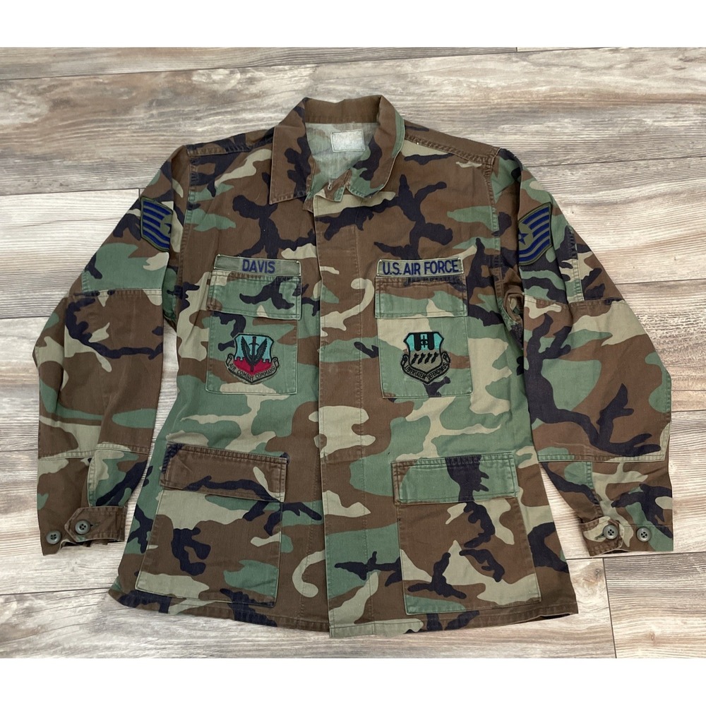Vintage US Air Force Woodland Camo BDU Jacket Military Patches Mens Regular